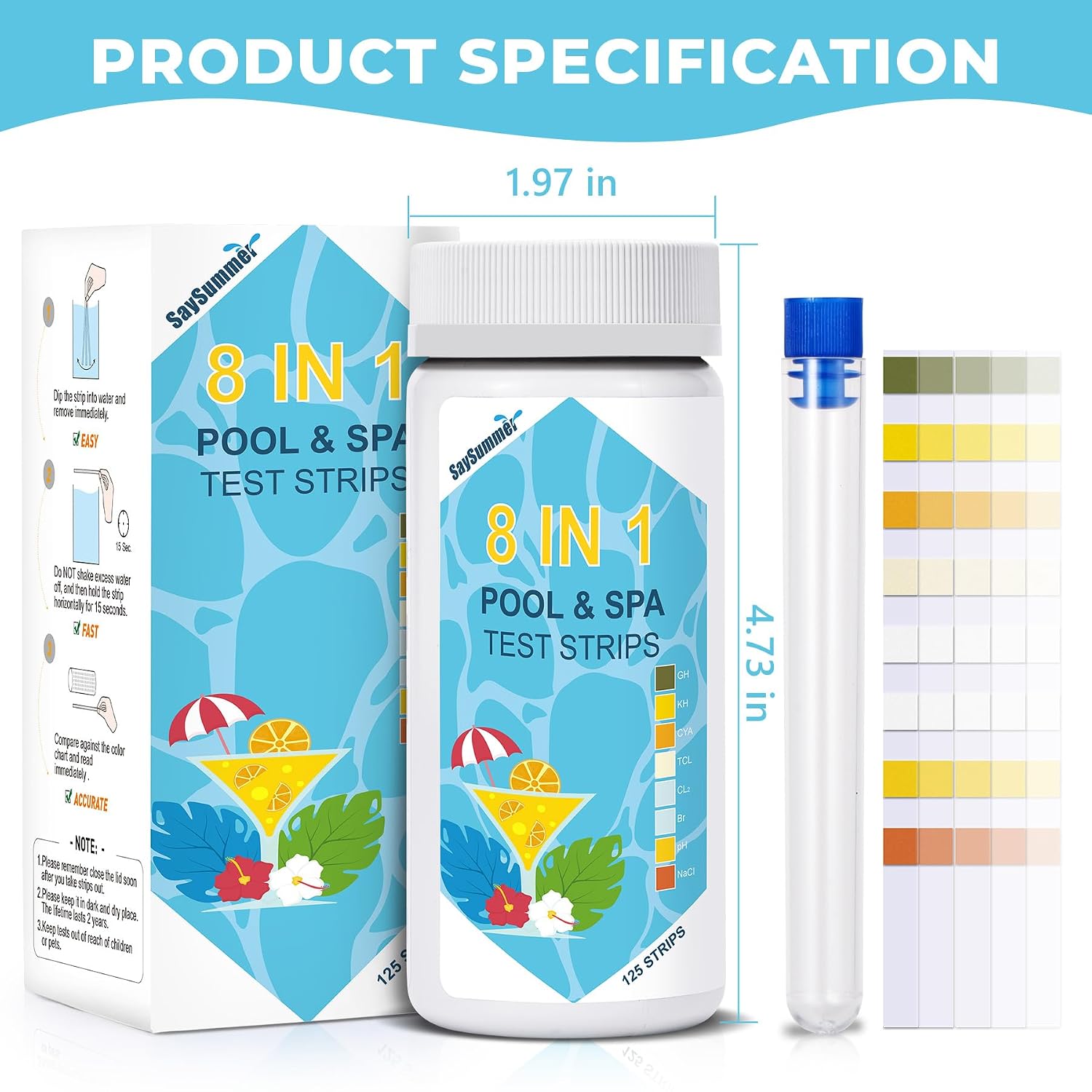 ‼️could have missing parts ‼️Salt-Water Pool Test Strips Kit: 125 Counts 8-in-1 for Salt Water Pool Testing Kit, Salt Pool Test Strips for Hot Tub Spa Testing Salt Chlorine pH and More